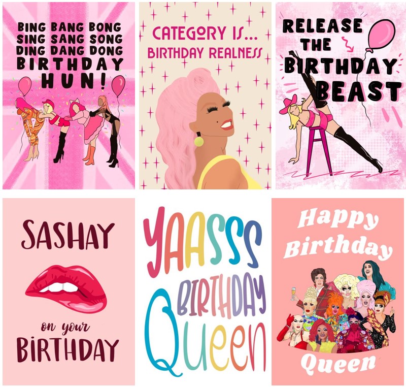 A selection of drag race themed cards from thortful