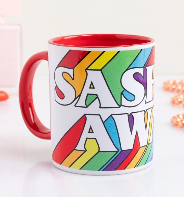 A mug with a rainbow print and the words 'Sashay away'