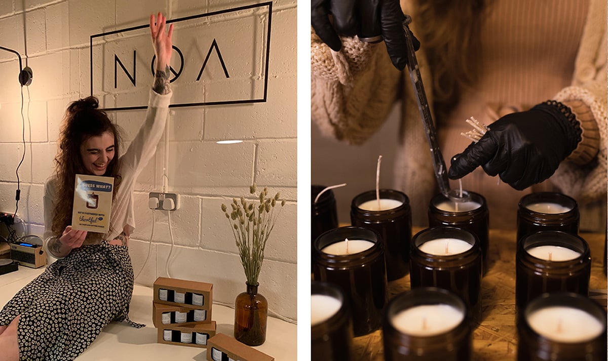 Natasha in her studio, and a close-up of candles being made